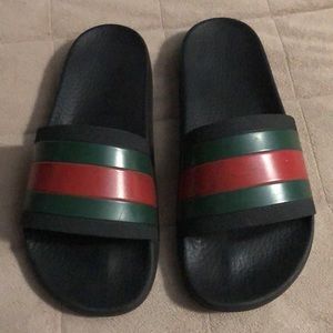 Men's Black Slide Sandals with Red and Green Stripes